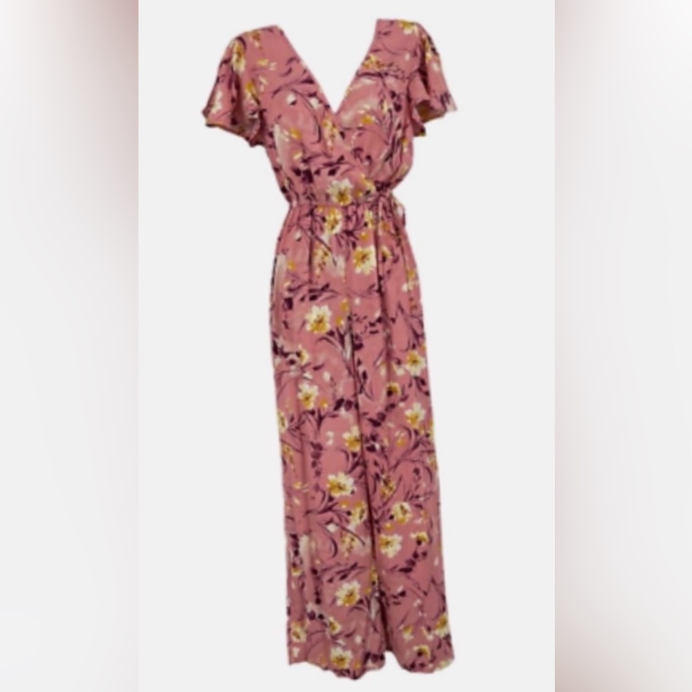 Floral Surplice Wide-Leg Jumpsuit in Mauve Pink
